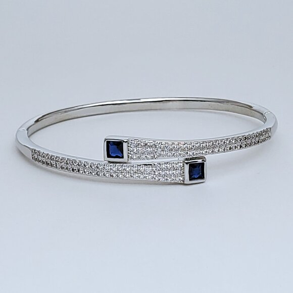 Jewelry - 1ct Blue Sapphire Gemstone 2ct Diamond Womens Sterling Silver Bangle Bracelet